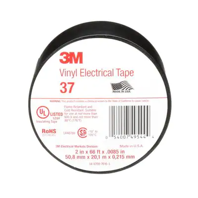 3M Specification-Grade Vinyl Electrical Tape, 2in x 66ft, 1-1/2 in core, Black, Model 37-2X66