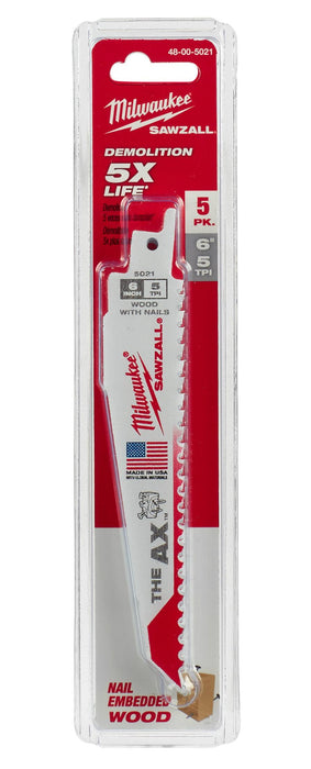 Milwaukee 6\" 18 TPI Reciprocating Sawzall Blade 5/Pack