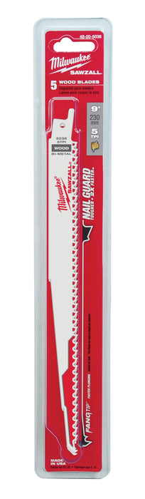 Milwaukee 9 in. 5 TPI SAWZALL® Blades (5 Pack), Model 48-00-5036 - Orka