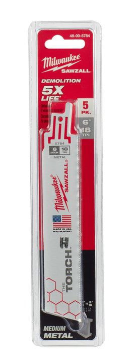 Milwaukee 6 in. 18 TPI THE TORCH™ SAWZALL® Blade (5 Pack), Model 48-00-5784 - Orka