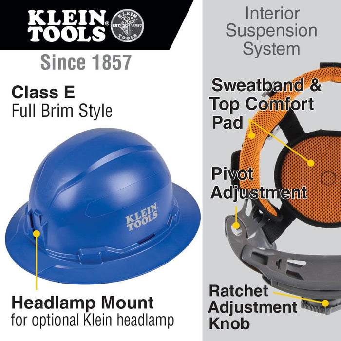 Klein Tools Hard Hat Full Brim, Non-vented, Blue, Model 60249 — Orka
