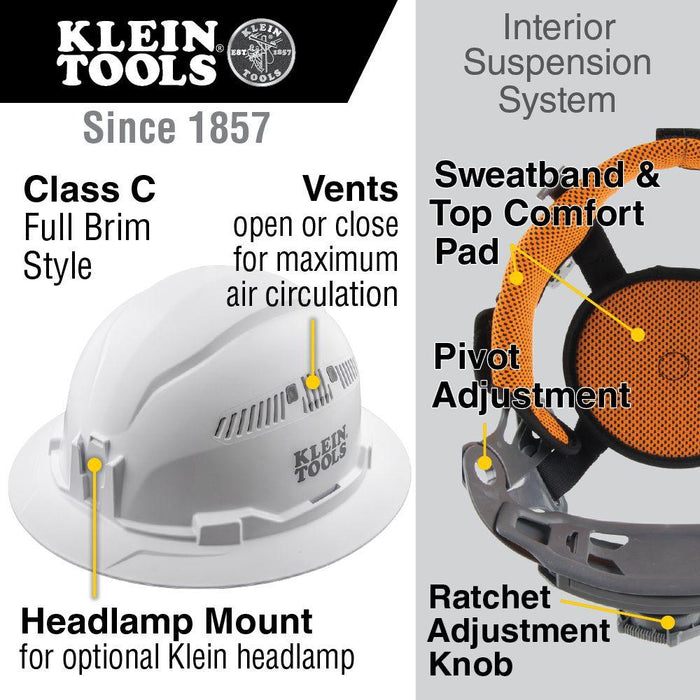 Klein Tools Hard Hat, Vented, Full Brim Style, White, Model 60401* - Orka