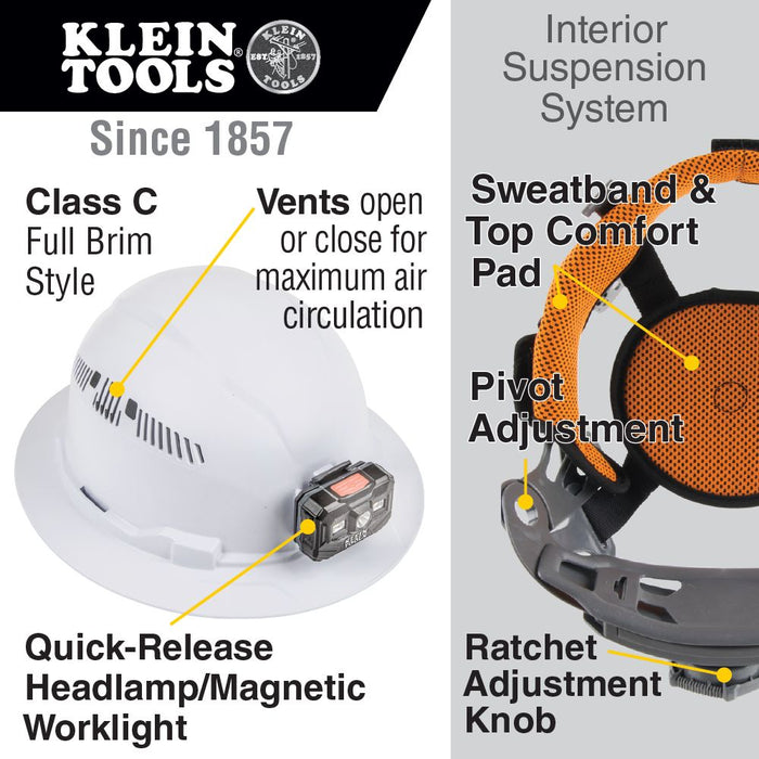 Klein Tools Class C Vented Hard Hat Full Brim with Rechargeable Headlamp, Model 60407RL