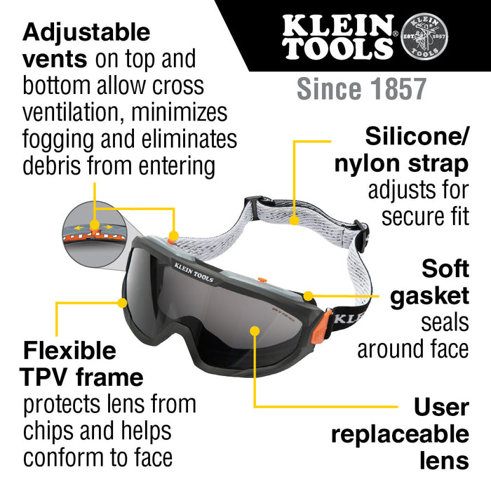 Klein Tools Safety Googles, Gray Tinted Lens, Model 60480*