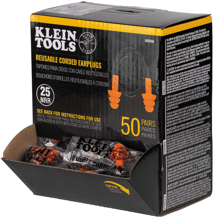 Klein Tools Corded Earplugs, 50 Pairs with Dispenser Box, Model 6050350*