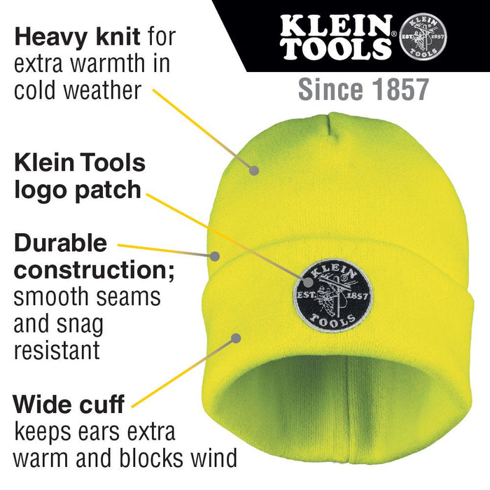 Klein Tools Heavy Knit Hat, High-Visibility Yellow, Patch Logo, Model 60568
