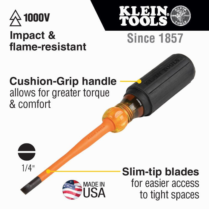 Klein Tools Slim-Tip Insulated Driver, 1/4" Cabinet, 6" Shank, Model 6926INS - Orka