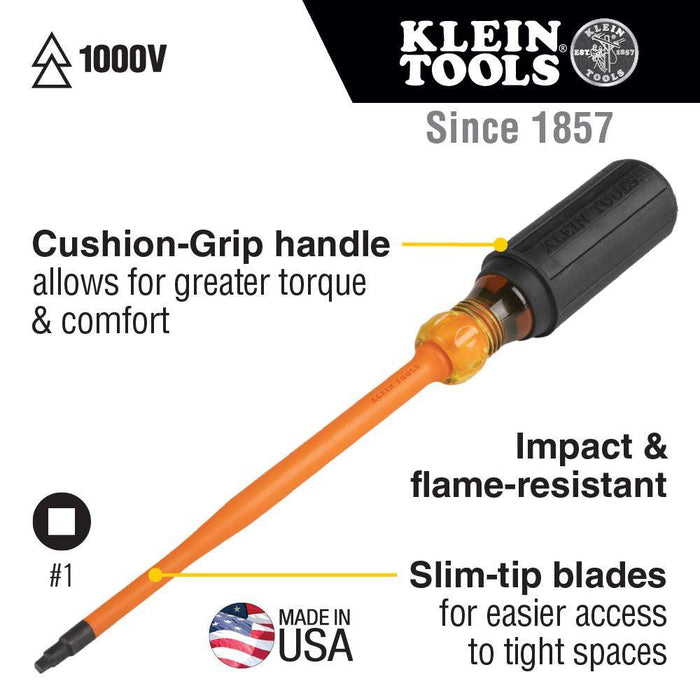 Klein Tools Slim-Tip 1000V Insulated Driver, #1 Square, 6" Shank, Model 6986INS - Orka