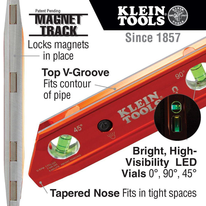 Klein Tools Lighted Torpedo Billet Level, Rare Earth Magnet, Model 935RBLT - Orka