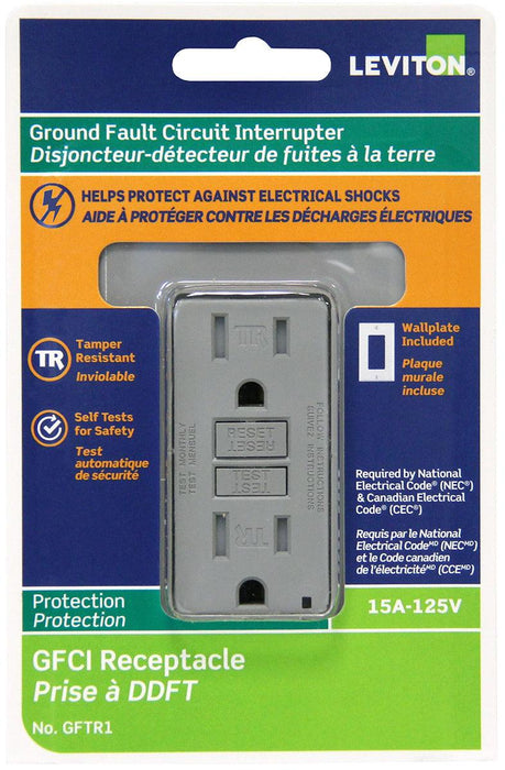 Leviton 15 Amp SmartlockPro GFCI Tamper-Resistant Receptacle with LED Indicator, Gray, Model GFTR1-GY* - Orka
