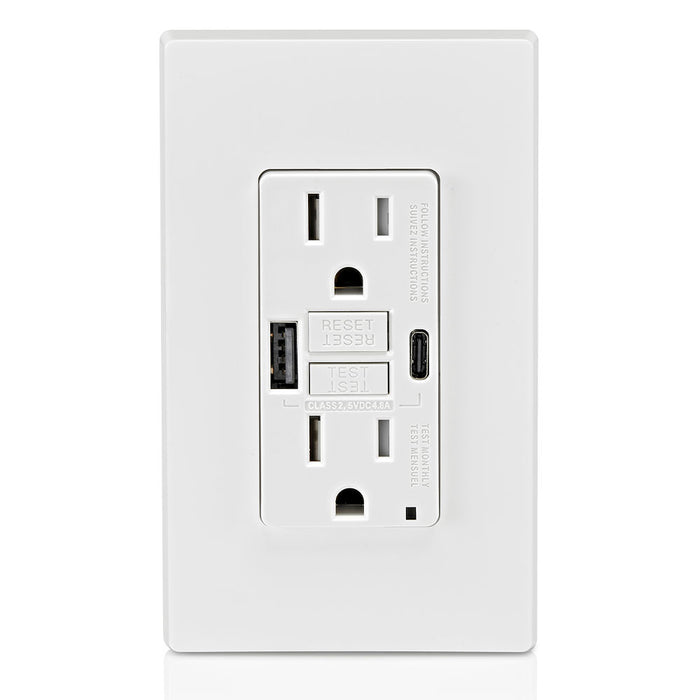 Leviton 15A GFCI Combination Receptacle with Type A/C USB Charger in White, Model GUAC1-W