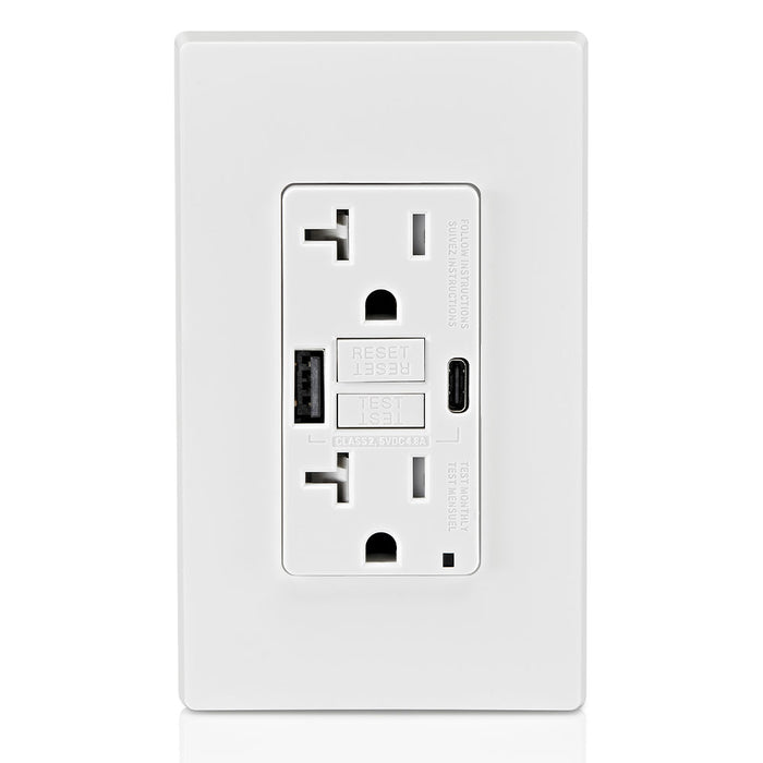 Leviton 20A GFCI Combination Receptacle with Type A/C USB Charger in White, Model GUAC2-W*