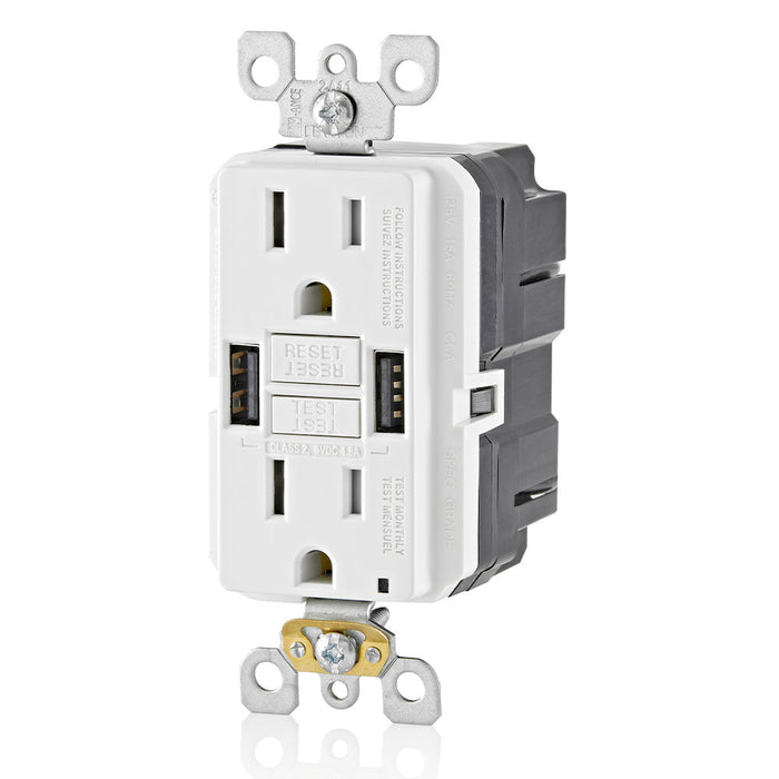 Leviton 15A GFCI Combination Receptacle with Type A USB Charger in White, Model GUSB1-W