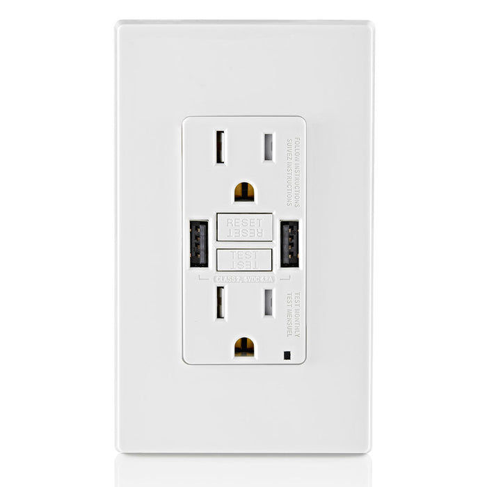 Leviton 15A GFCI Combination Receptacle with Type A USB Charger in White, Model GUSB1-W*
