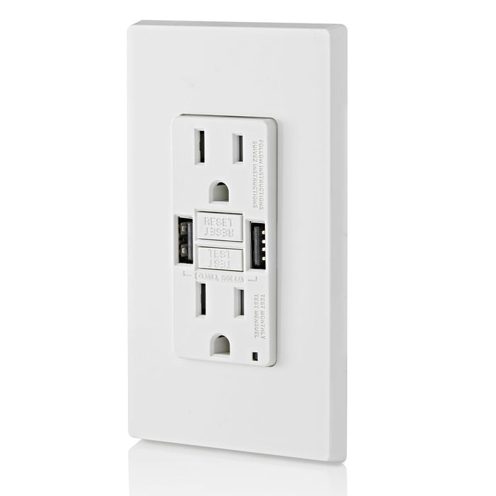 Leviton 15A GFCI Combination Receptacle with Type A USB Charger in White, Model GUSB1-W