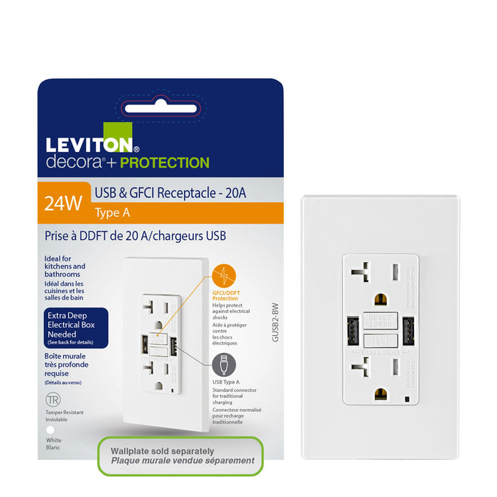 Leviton 20A GFCI Combination Receptacle with Type A USB Charger in White, Model GUSB2-W*