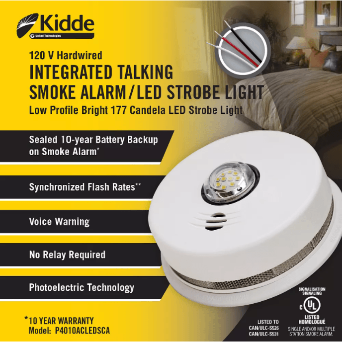 Kidde 2-1 Photoelectric Smoke Alarm and LED Strobe Light with Voice Alerts, 120V AC, Model P4010ACLEDSCA - Orka