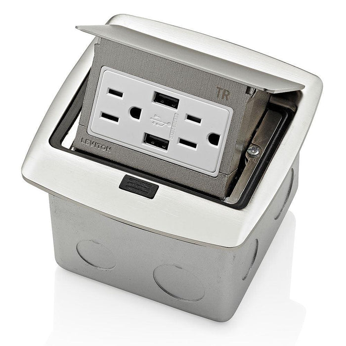 Leviton Pop-Up Floor Box Receptacle with Combo Dual Type A USB Charger & Outlet (Brushed Nickel) Model PFUS1-002 - Orka