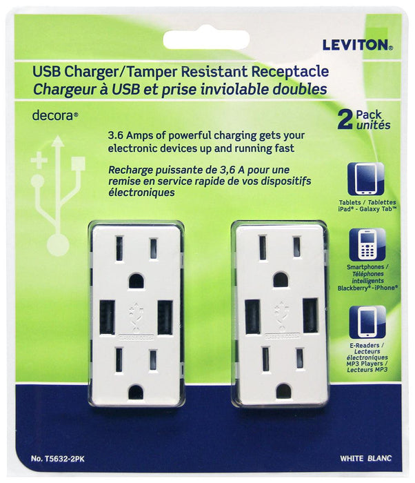 Leviton Package of 2 Dual USB Type A Charger with 15A Tamper-Resistant Receptacle, Model T5632-754 - Orka