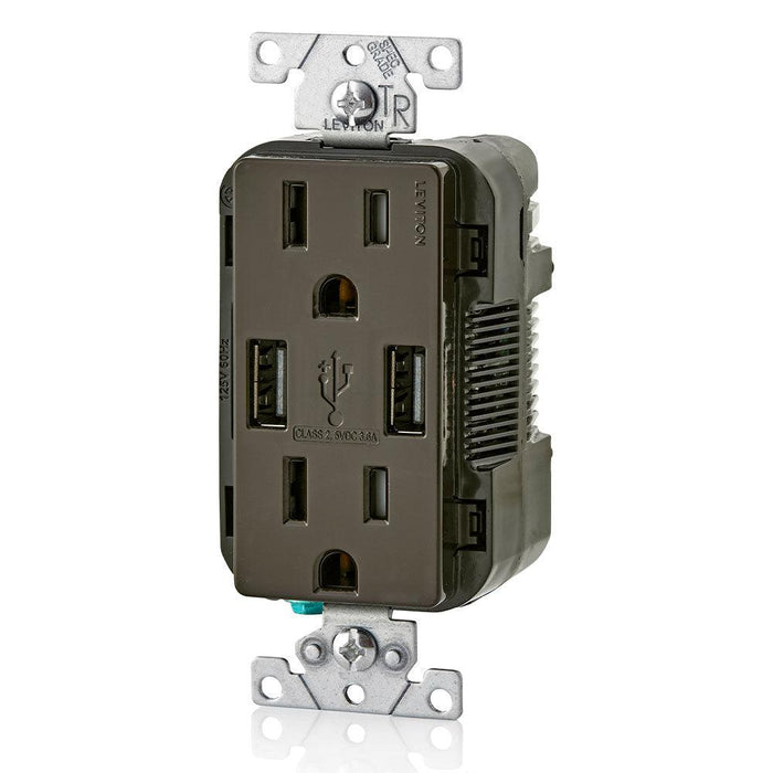 Leviton Type-A Dual USB Charger with 15A Tamper-Resistant Receptacle (Brown) Model T5632 - Orka