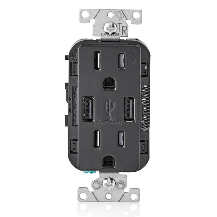 Leviton Type-A Dual USB Charger with 15A Tamper-Resistant Receptacle (Black) Model T5632 - Orka