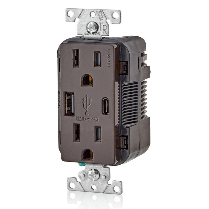 Leviton Type-A & Type-C USB Charger with 15A Tamper-Resistant Receptacle (Brown) Model T5633 - Orka