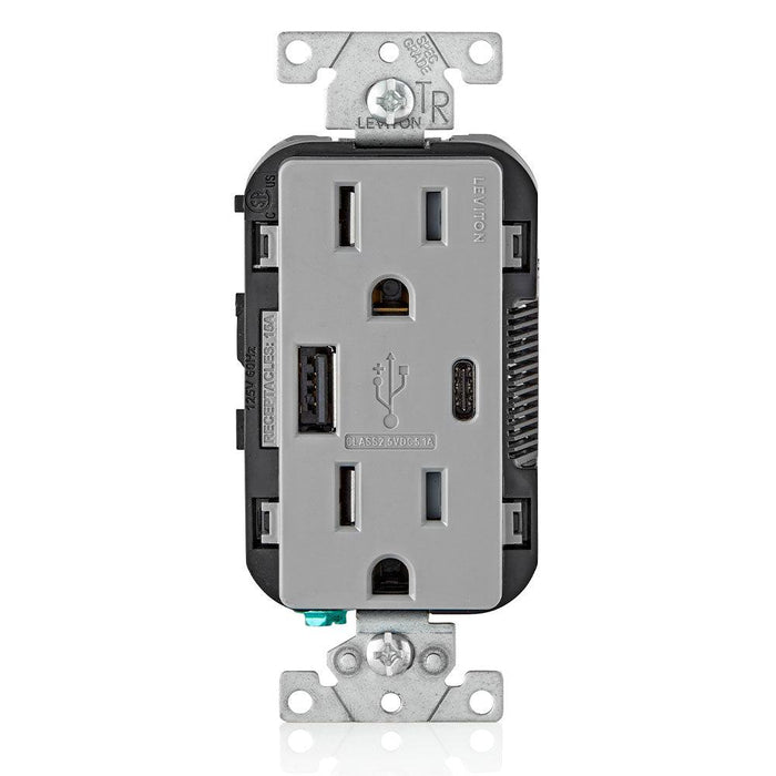 Leviton Type-A & Type-C USB Charger with 15A Tamper-Resistant Receptacle (Grey) Model T5633 - Orka