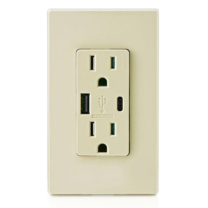 Leviton Type-A & Type-C USB Charger with 15A Tamper-Resistant Receptacle (Ivory) Model T5633* - Orka