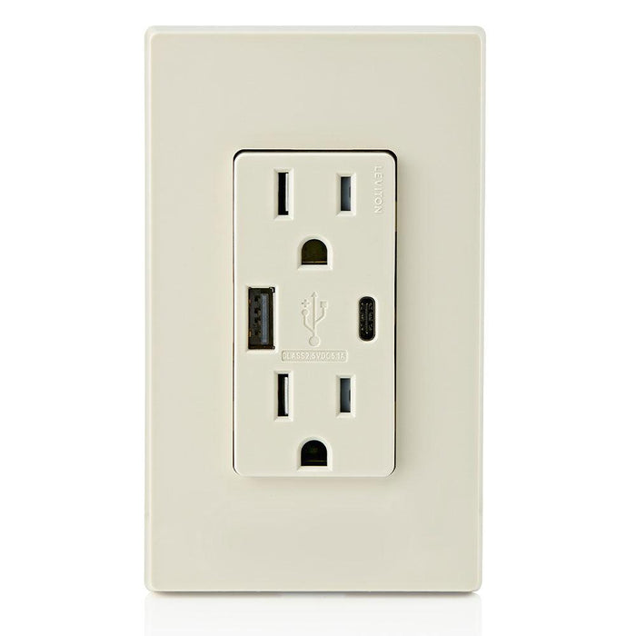 Leviton Type-A & Type-C USB Charger with 15A Tamper-Resistant Receptacle (Light Almond) Model T5633* - Orka