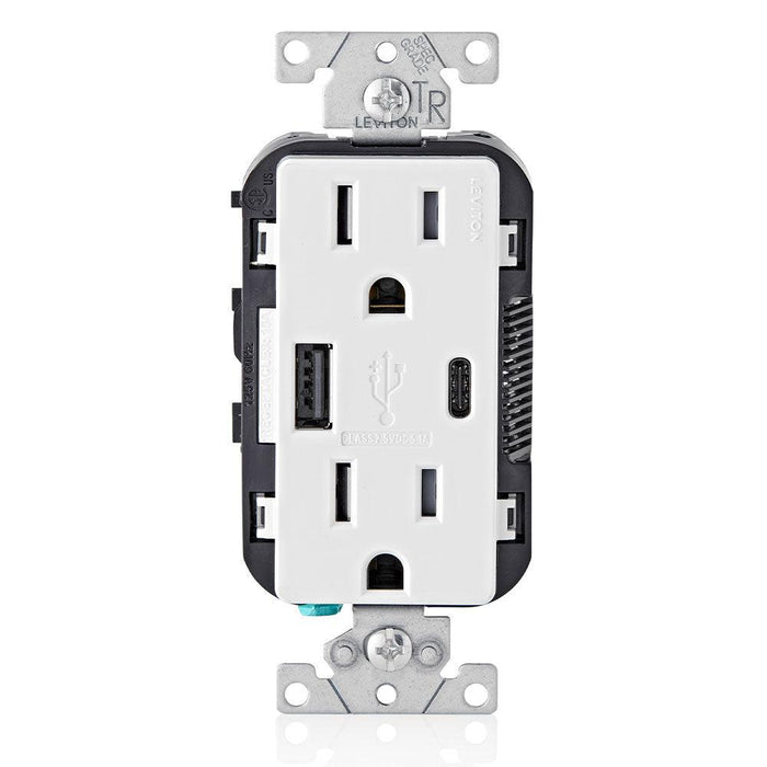 Leviton Type-A & Type-C USB Charger with 15A Tamper-Resistant Receptacle (White) Model T5633 - Orka
