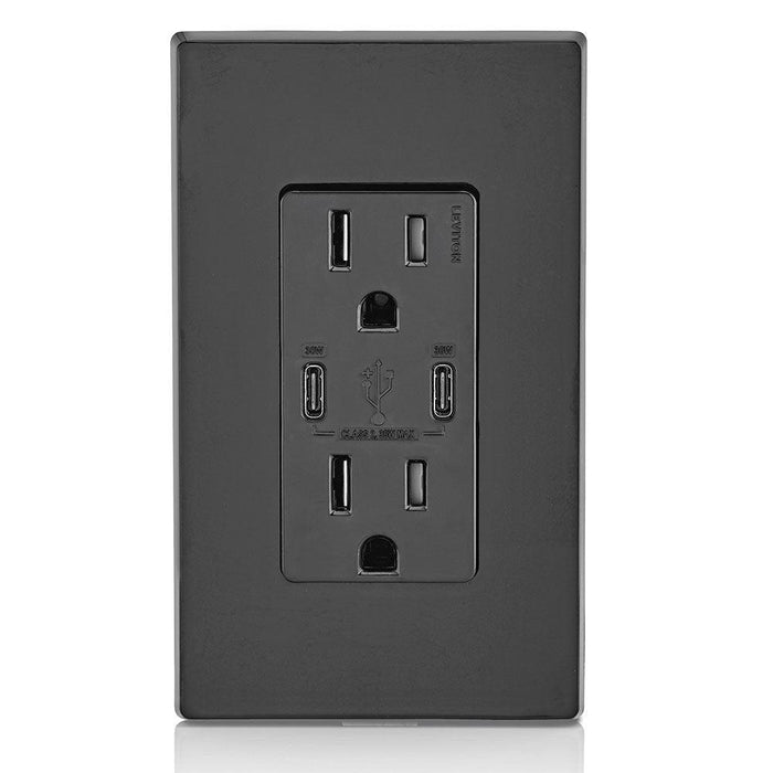 Leviton Type-C Dual USB Charger with 15A Tamper-Resistant Receptacle (Black) Model T5635 - Orka