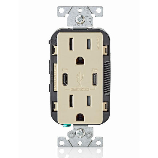 Leviton Type-C Dual USB Charger with 15A Tamper-Resistant Receptacle (Ivory) Model T5635* - Orka