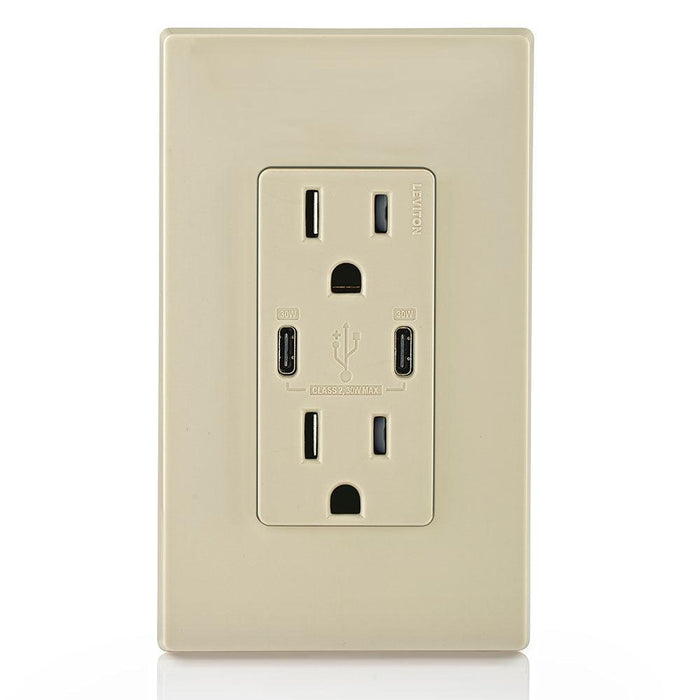 Leviton Type-C Dual USB Charger with 15A Tamper-Resistant Receptacle (Ivory) Model T5635* - Orka