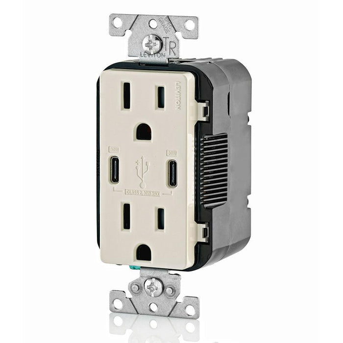Leviton Type-C Dual USB Charger with 15A Tamper-Resistant Receptacle (Light Almond) Model T5635* - Orka