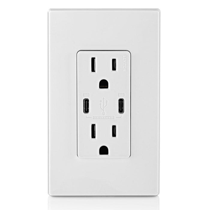 Leviton Type-C Dual USB Charger with 15A Tamper-Resistant Receptacle (White) Model T5635 - Orka