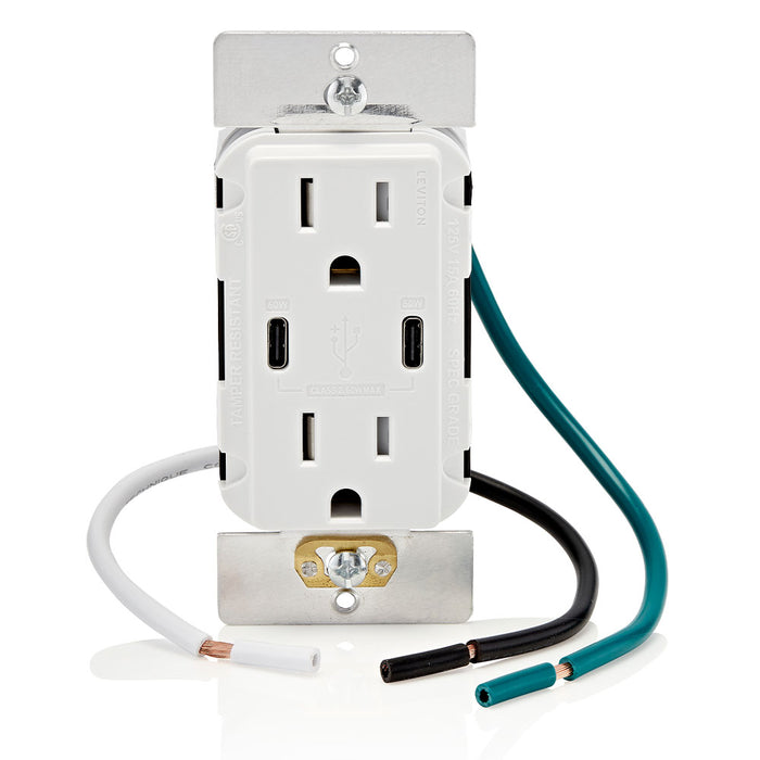 Leviton Dual USB Type C/C Wall Outlet Charger with 15A Tamper-Resistant Outlet in White, Model T5636-W*
