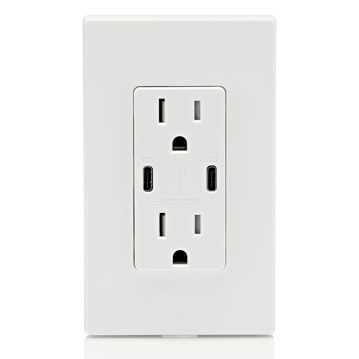 Leviton Dual USB Type C/C Wall Outlet Charger with 15A Tamper-Resistant Outlet in White, Model T5636-W