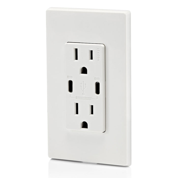 Leviton Dual USB Type C/C Wall Outlet Charger with 15A Tamper-Resistant Outlet in White, Model T5636-W