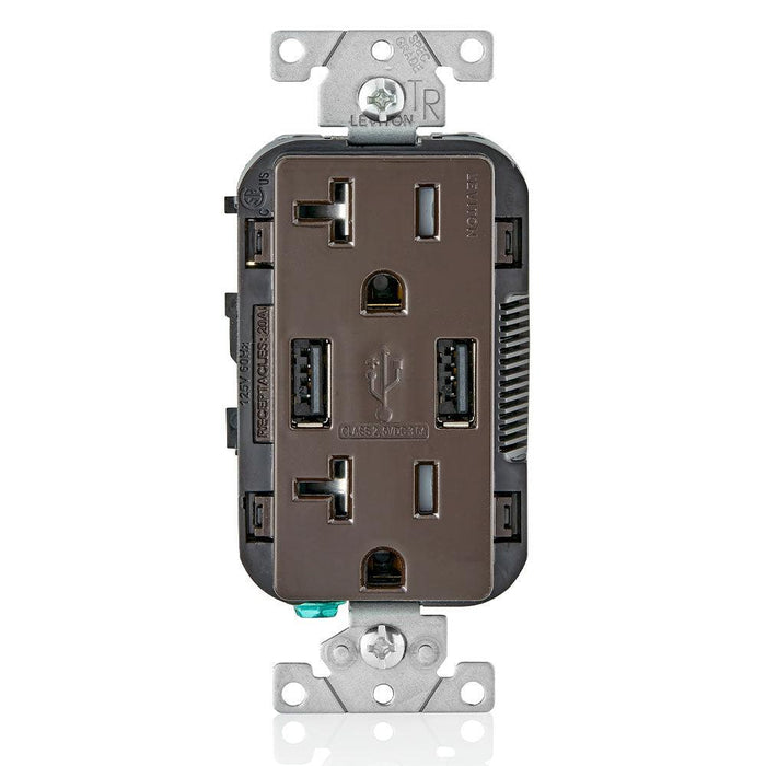Leviton Type-A Dual USB Charger with 20A Tamper-Resistant Receptacle (Brown) Model T5832 - Orka