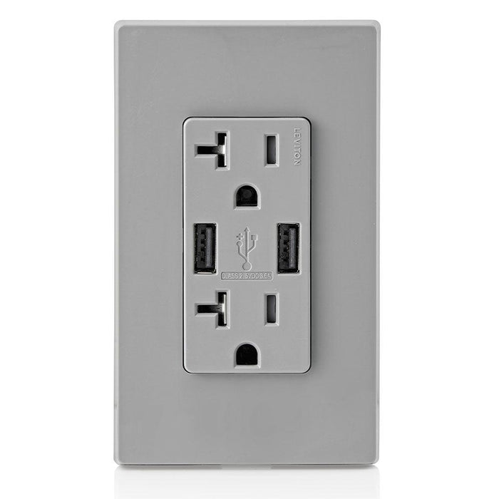 Leviton Type-A Dual USB Charger with 20A Tamper-Resistant Receptacle (Grey) Model T5832 - Orka