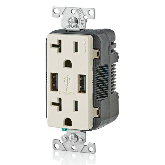 Leviton Type-A Dual USB Charger with 20A Tamper-Resistant Receptacle (Light Almond) Model T5832* - Orka
