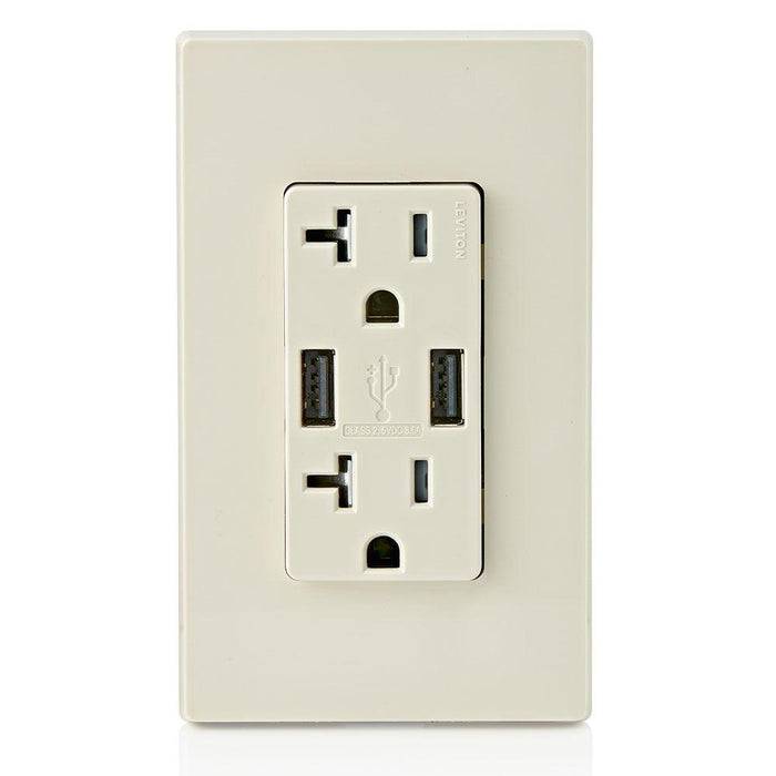Leviton Type-A Dual USB Charger with 20A Tamper-Resistant Receptacle (Light Almond) Model T5832* - Orka