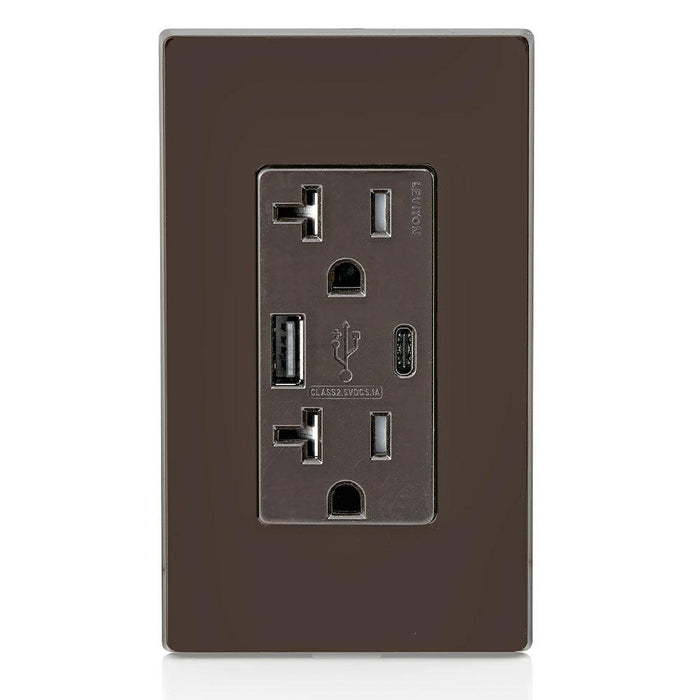 Leviton Type-A & Type-C USB Charger with 20A Tamper-Resistant Receptacle (Brown) Model T5833 - Orka
