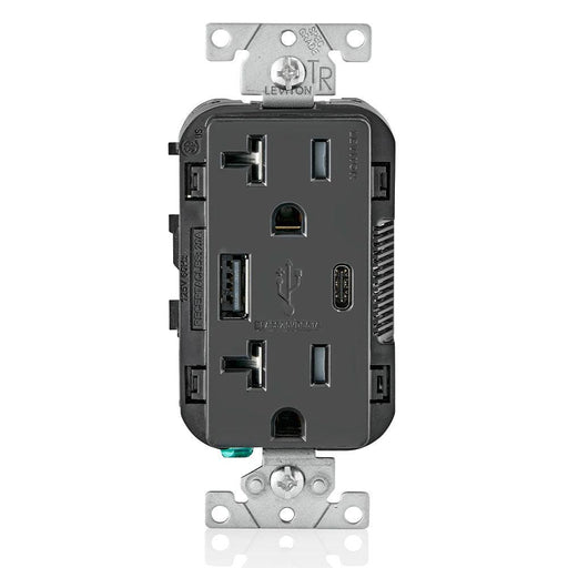 Leviton Type-A & Type-C USB Charger with 20A Tamper-Resistant Receptacle (Black) Model T5833 - Orka