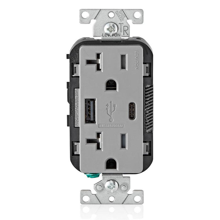 Leviton Type-A & Type-C USB Charger with 20A Tamper-Resistant Receptacle (Grey) Model T5833 - Orka
