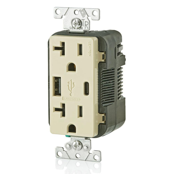 Leviton Type-A & Type-C USB Charger with 20A Tamper-Resistant Receptacle (Ivory) Model T5833* - Orka