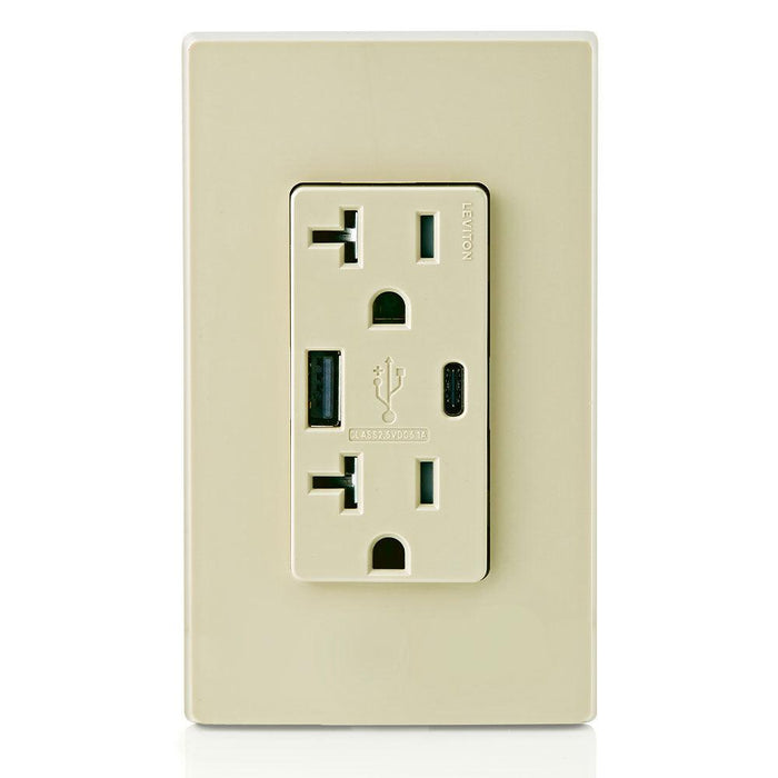 Leviton Type-A & Type-C USB Charger with 20A Tamper-Resistant Receptacle (Ivory) Model T5833* - Orka
