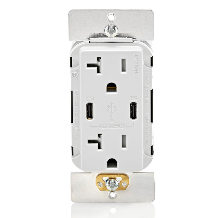 Leviton Dual USB Type C/C Wall Outlet Charger with 20A Tamper-Resistant Outlet in White, Model T5836-W