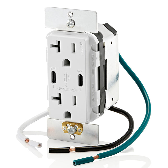 Leviton Dual USB Type C/C Wall Outlet Charger with 20A Tamper-Resistant Outlet in White, Model T5836-W