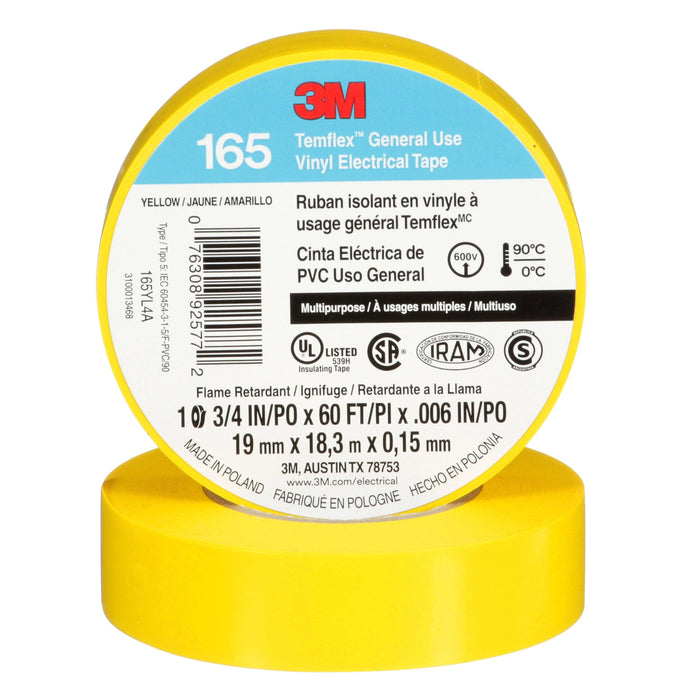 3M Temflex™ General Use Vinyl Electrical Tape, Yellow, Model 165YL4A - Orka